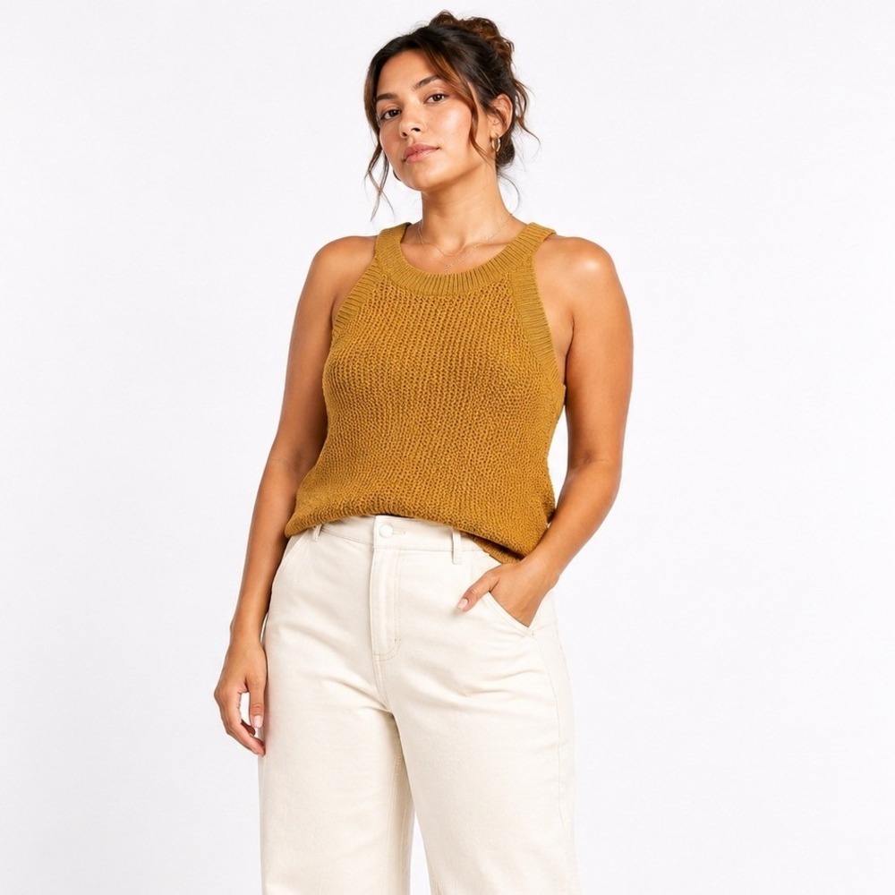 100% Cotton Sweater Tank Medium Mustard Textured Knit Sleeveless Boho Madewell